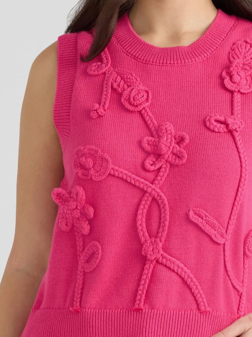 Bright Pink Floral Appliqué Sleeveless Crewneck Sweater